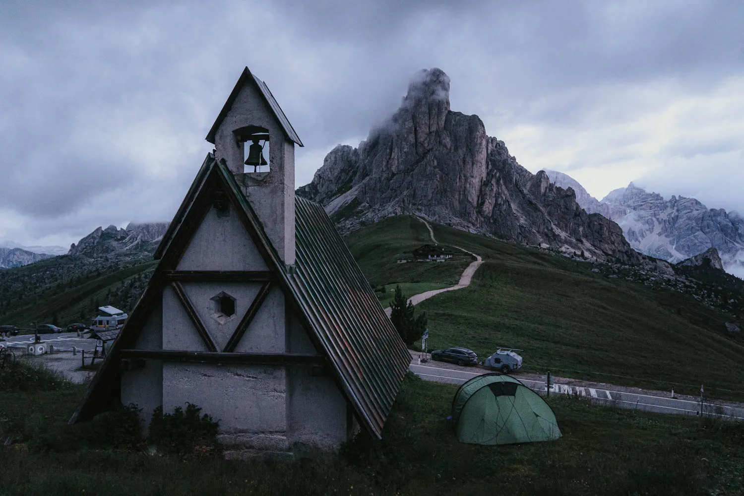 The little pointed chapel at Passo Giau with Ra Gusela rising behind