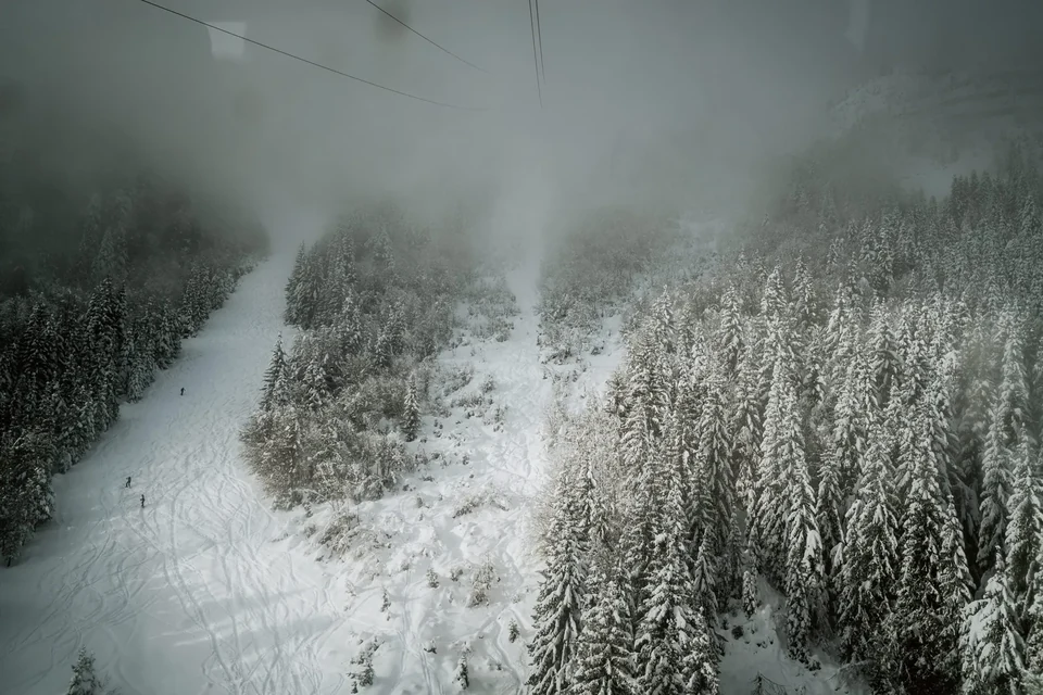 The Nordkette cable car rising over a snowy forest above Innsbruck